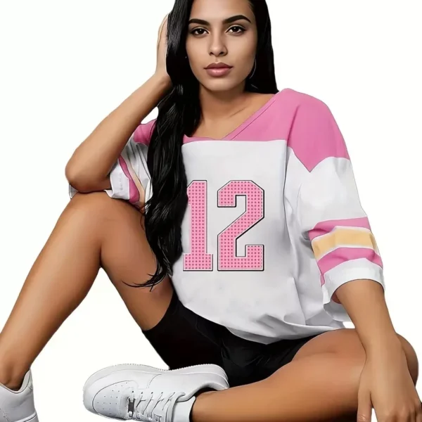 kf-Sbe1782114e0f44feb644bf63290beaa6S NO.12 Print Women PLUS SIZE V-Neck Short Sleeve T-Shirt Baseball Jerseys Stripe Sport T-Shirt Women clothing