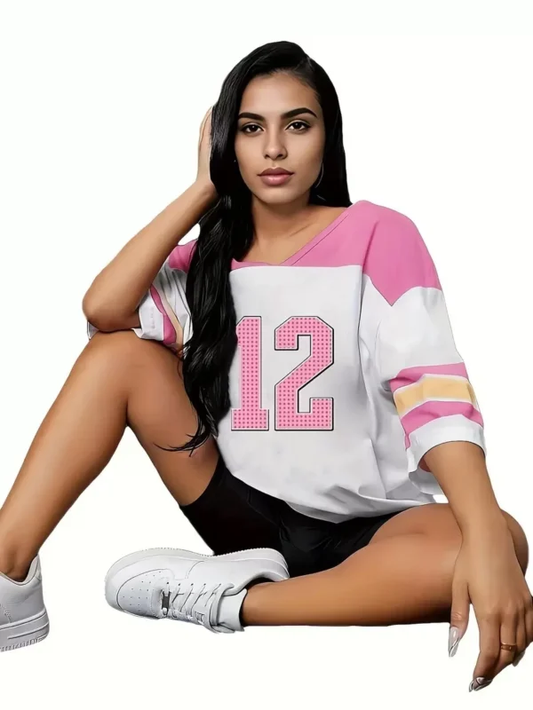 kf-Sbe1782114e0f44feb644bf63290beaa6S NO.12 Print Women PLUS SIZE V-Neck Short Sleeve T-Shirt Baseball Jerseys Stripe Sport T-Shirt Women clothing